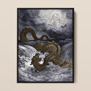 Destruction of Leviathan - Gustave Dore Framed Canvas, 12x16’’ / 31x41cm / Black Floating Frame, Framed Print Mythical Sea Creature Divine