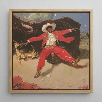 Devil’s Details - Fine Art Print / Canvas Vibrant Red Suit Gold Embellishments White Cowboy Hat Black Stages, Jewelry Dripping, Gilded