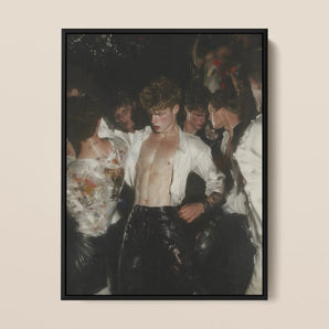Devotion - Neo-baroque Underground Gay Bar Framed Canvas, 12x16’’ / 31x41cm / Black Floating Frame, Framed Painting Crowded Party Scene