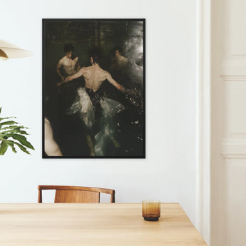 Dipping - Gay Ballet Punk Baroque Framed Canvas, Framed Dark Painting Nude Figures Water