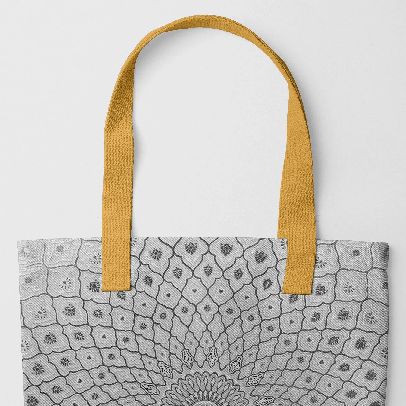 Divine Order - Black and White Islamic Pattern Tote Bag, Yellow Handles, Diviandw-yellow, Tote Bag Gray Floral Mandala