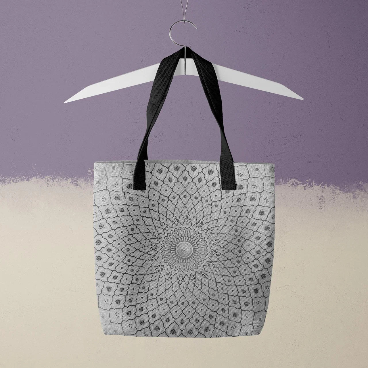 Divine Order - Black and White Islamic Pattern Tote Bag Handles Bags