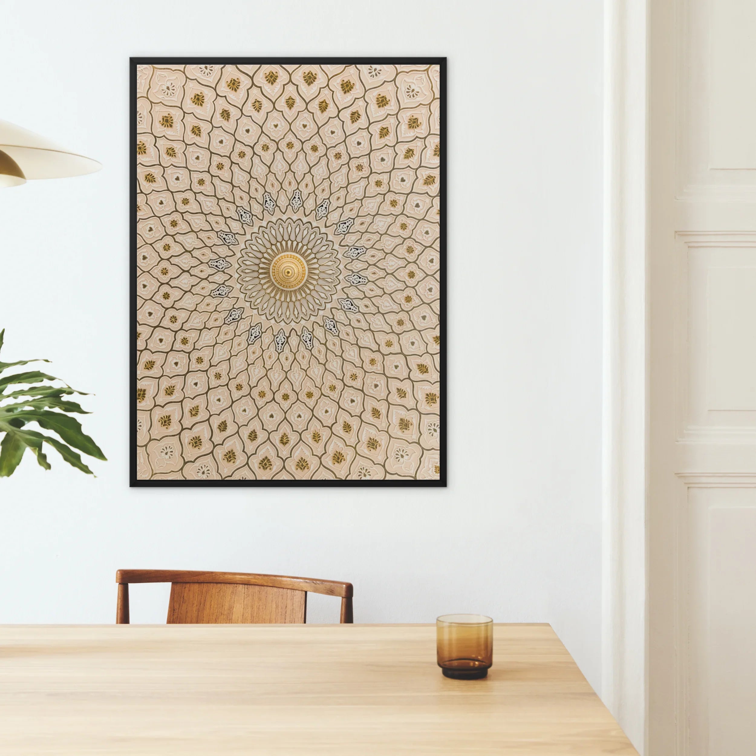 Divine Order - Islamic Geometric Pattern Art Framed Canvas, Framed Geometric Mandala Artwork Pattern Beige Gold Tones