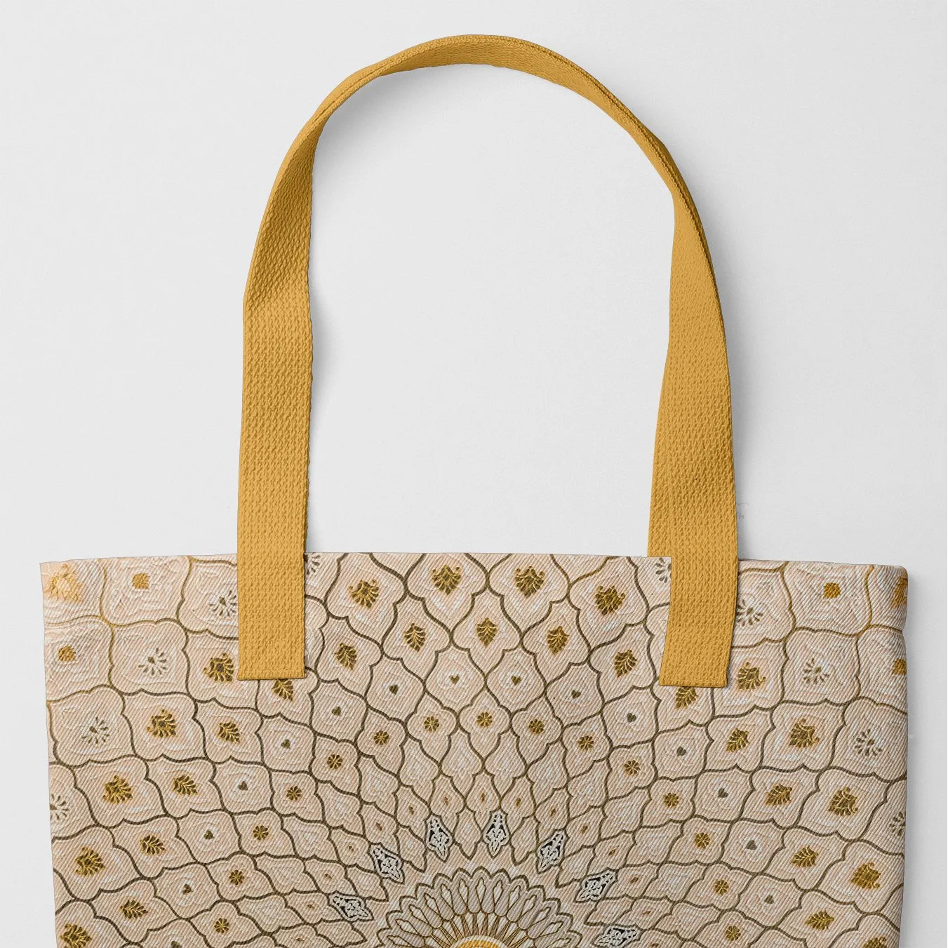 Divine Order - Islamic Geometric Pattern Tote - Yellow Handles - Tote Bags - Aesthetic Art