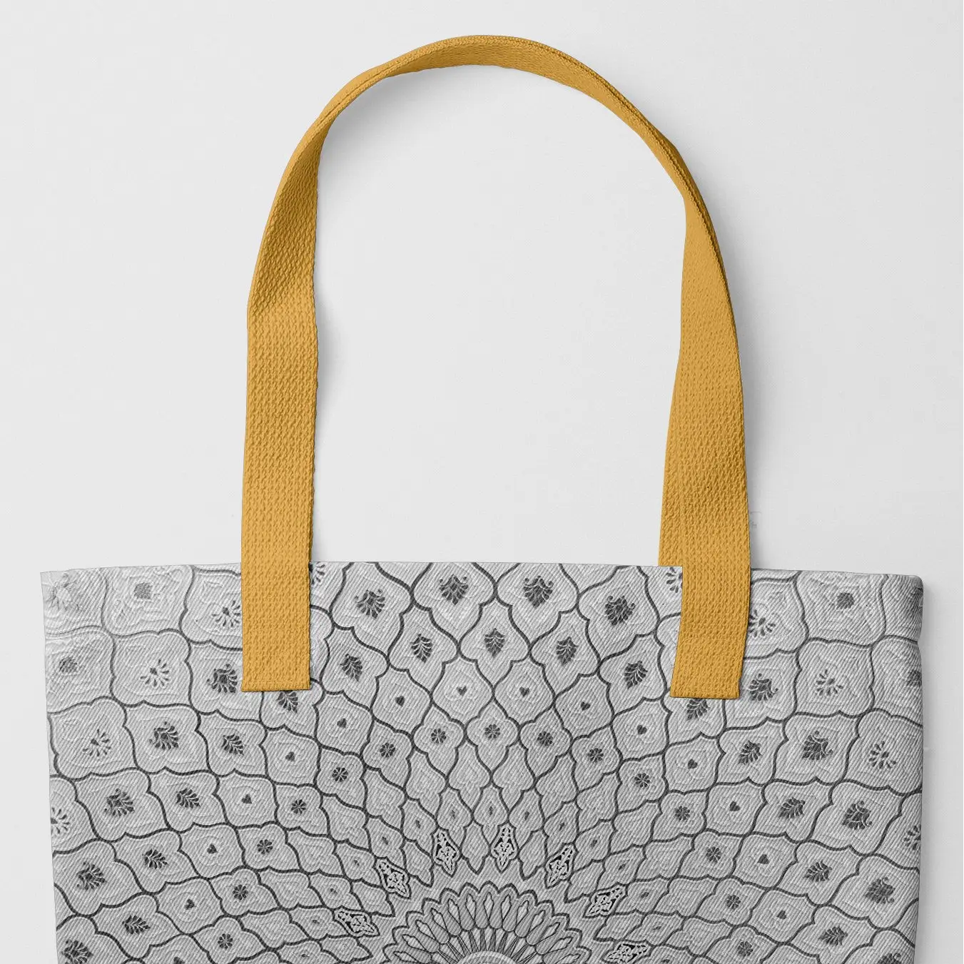 Divine Order Shopping Tote - Black And White Islamic Pattern - Yellow Handles - Tote Bags - Aesthetic Art