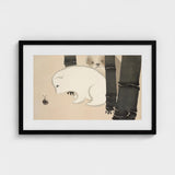 Dog and Snail - Kamisaka Sekka Kacho-e Art Print / Canvas Black-framed Artwork Whimsical Illustration White Stylized Bear-like Creature,