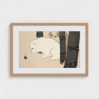 Dog and Snail - Kamisaka Sekka Kacho-e Art Print / Canvas Minimalist Wooden-framed Artwork Soft Beige Background Delicate Ink-style,