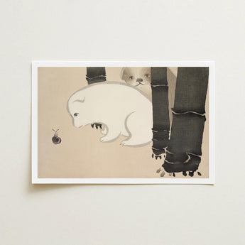 Dog and Snail - Kamisaka Sekka Kacho-e Art Print / Canvas Soft Beige Illustrated Postcard White Puppy Dark Bamboo, Sekka’s, Prints