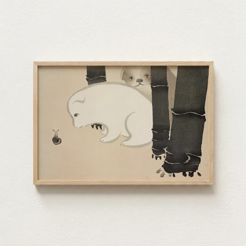 Minimalist Wooden-framed Artwork White Bear Snail Beige Paper Kamisaka Sekka, Sekka’s Dog, Kacho-e Print