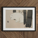 Dog and Snail - Kamisaka Sekka Kacho-e Art Print / Canvas Black-framed Artwork Whimsical Illustration White Polar Bear Snail Kamisaka