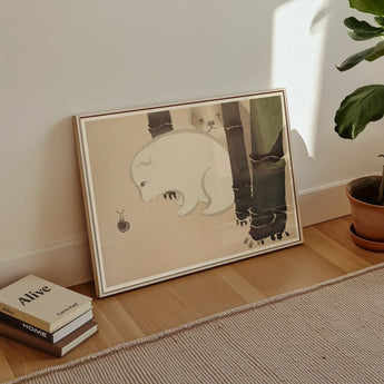 Dog and Snail - Kamisaka Sekka Kacho-e Art Print / Canvas Framed Artwork White Cat Bamboo Stalks Minimalist Style Kamisaka Sekka, Sekka’s