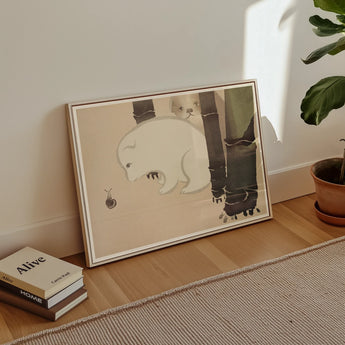 Dog and Snail - Kamisaka Sekka Kacho-e Art Print, Framed Artwork White Cat Bamboo Stalks Minimalist Style