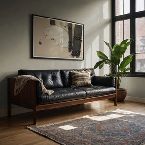 Dog and Snail - Kamisaka Sekka Kacho-e Art Print, Mid-century Modern Leather Sofa Wooden Frame Tufted Cushions