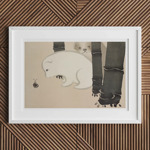 Dog and Snail - Kamisaka Sekka Kacho-e Art Print, White-framed Artwork Minimalist Illustration Polar Bear Bamboo Stalks