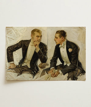 Vintage-style Oil Painting Canvas Two Men Formal Black Art Print, Cluett Dress Shirt, White Tie Lean, Leyendecker, Gentlemen