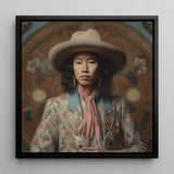 Dorjee - Gay Tibetan Cowboy Framed Canvas, 12x12’’ / 31x31cm / Black Floating Frame, Portrait Person Wide-brimmed Hat Floral Jacket Pink