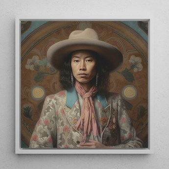 Dorjee - Gay Tibetan Cowboy Framed Canvas, 12x12’’ / 31x31cm / White Floating Frame, Framed Portrait Woman Cowboy Hat