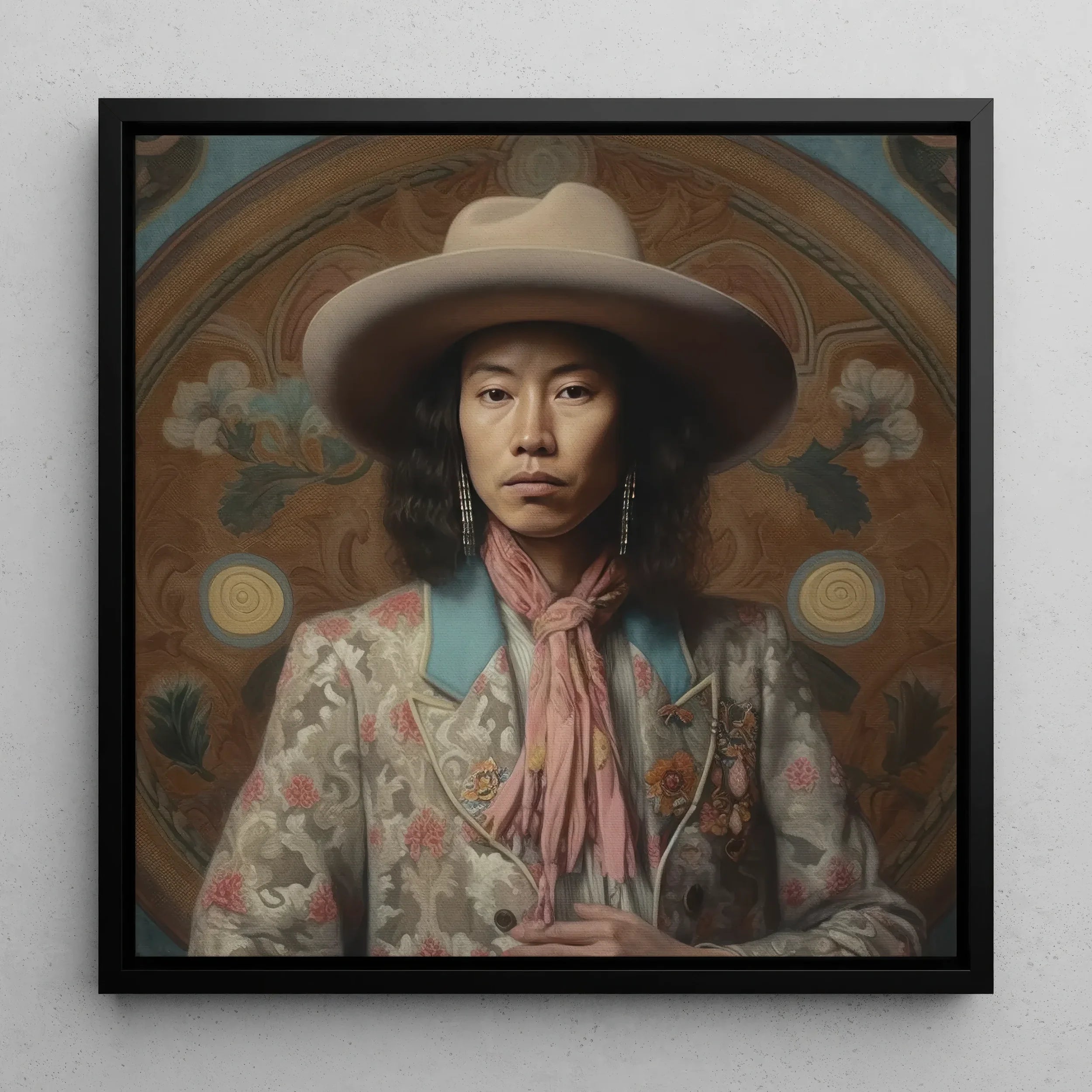 Dorjee - Gay Tibetan Cowboy Framed Canvas, Portrait Person Wide-brimmed Hat Floral Jacket Pink Scarf