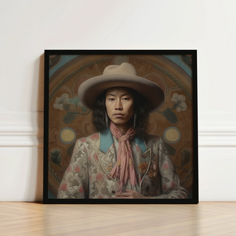 Framed Portrait Person Wide-brimmed Beige Hat Ornate Patterned Dandy Gaysian Cowboy, Elegant Tibetan Outlaw’s