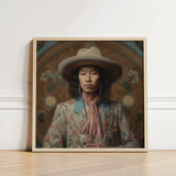 Framed Portrait Person Wide-brimmed Beige Hat Ornate Patterned Dandy Gaysian Cowboy, Elegant Tibetan Outlaw’s