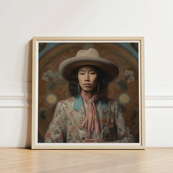 Framed Portrait Person Wide-brimmed Beige Hat Ornate Patterned Dandy Gaysian Cowboy, Elegant Tibetan Outlaw’s