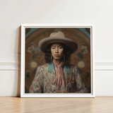 Framed Portrait Person Wide-brimmed Beige Hat Ornate Patterned Dandy Gaysian Cowboy, Elegant Tibetan Outlaw’s