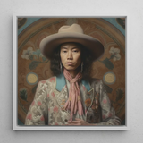 Dorjee - Tibetan Cowboy Dandy Art Print / Canvas Framed Portrait Person Off-white Wide-brimmed Hat Patterned Jacket Dandy Gaysian Cowboy,