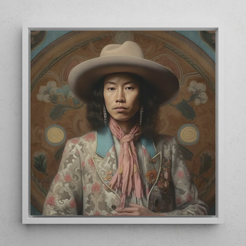 Dorjee - Tibetan Cowboy Dandy Art Print / Canvas Framed Portrait Person Off-white Wide-brimmed Hat Patterned Jacket Dandy Gaysian Cowboy,