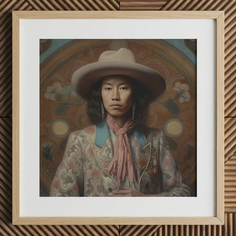 Dorjee - Tibetan Cowboy Dandy Art Print / Canvas White Cowboy Hat Floral Pattern Leather Strap Wooden Dandy Gaysian Cowboy, Elegant Tibetan