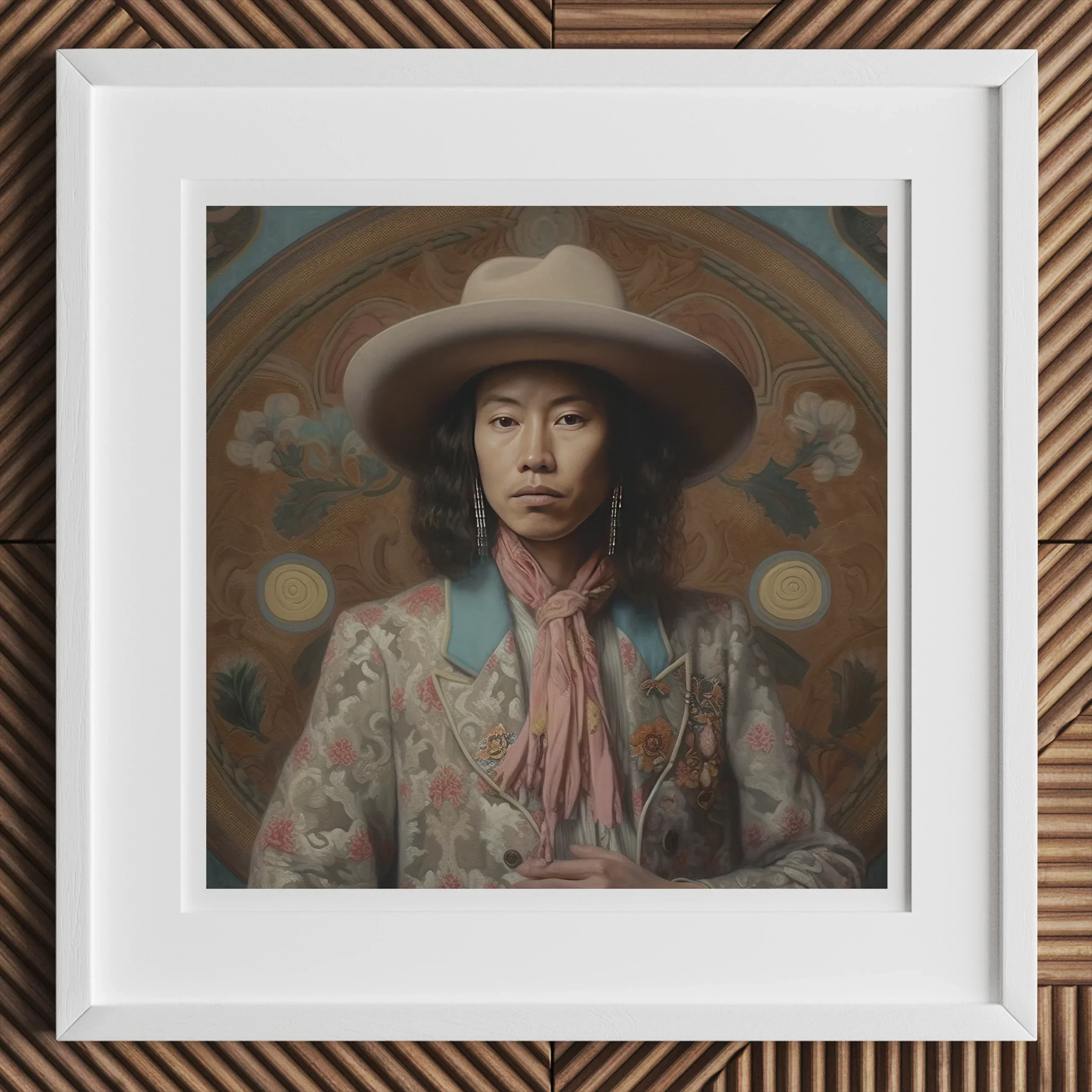 Dorjee - Tibetan Cowboy Dandy Art Print, Framed Portrait Photograph Person Wide-brimmed Hat Pink Neckerchief