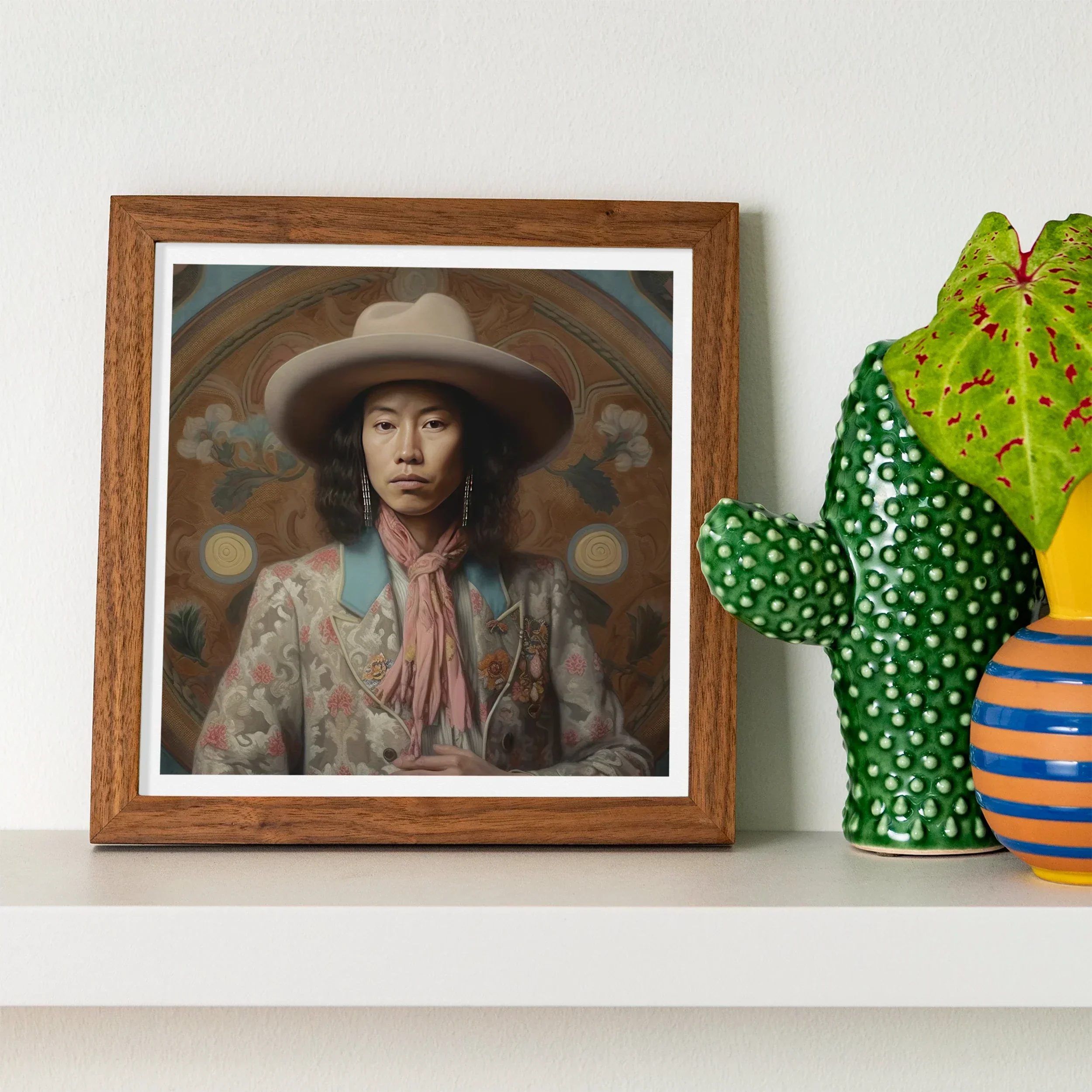 Dorjee Tibetan Cowboy Dandy Art Print, Framed Portrait Photograph Person Wide Brimmed Hat Pink Scarf