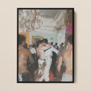 Double Trouble - Trashy Old Money Gays Framed Canvas, 12x16’’ / 31x41cm / Black Floating Frame, Impressionistic Painting Crowded Ballroom