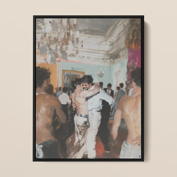 Double Trouble - Trashy Old Money Gays Framed Canvas, 12x16’’ / 31x41cm / Black Floating Frame, Impressionistic Painting Crowded Ballroom