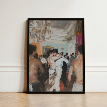 Black-framed Painting Lively Dance Scene Figures Motion Rendered Vintage Gay Tea, Chandelier Stutters