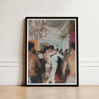 Black-framed Art Print Lively Dance Scene Ornate Room Vintage Gay Tea, Chandelier Stutters
