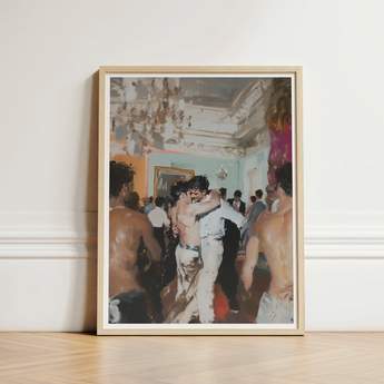 Framed Painting Light Wood Frame Impressionistic Scene Men Vintage Gay Tea, Dance, Chandelier Stutters