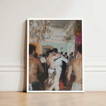 Framed Painting Lively Dance Scene Figures Motion Rendered Vintage Gay Tea, Chandelier Stutters