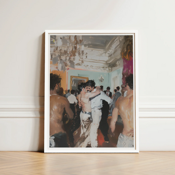 White-framed Artwork Lively Dance Scene Ornate Room Vintage Gay Tea, Chandelier Stutters