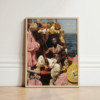 Framed Portrait Man Ornate Colorful Attire Seated Boat Black Gay Pirate, Myth Made Flesh, Art