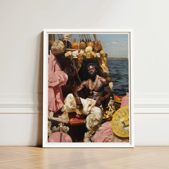 White-framed Art Print Man Ornate Gold-accented Attire Seated Black Gay Pirate, Myth Made Flesh
