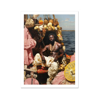 Douglas - Black Gay Pirate Art Print, Person Adorned Gold Jewelry Sits Amid Colorful Fabrics