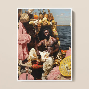 Douglas - Black Gay Pirate Framed Canvas, 12x16’’ / 31x41cm / White Floating Frame, Framed Painting Shirtless Man Adorned Gold Jewelry