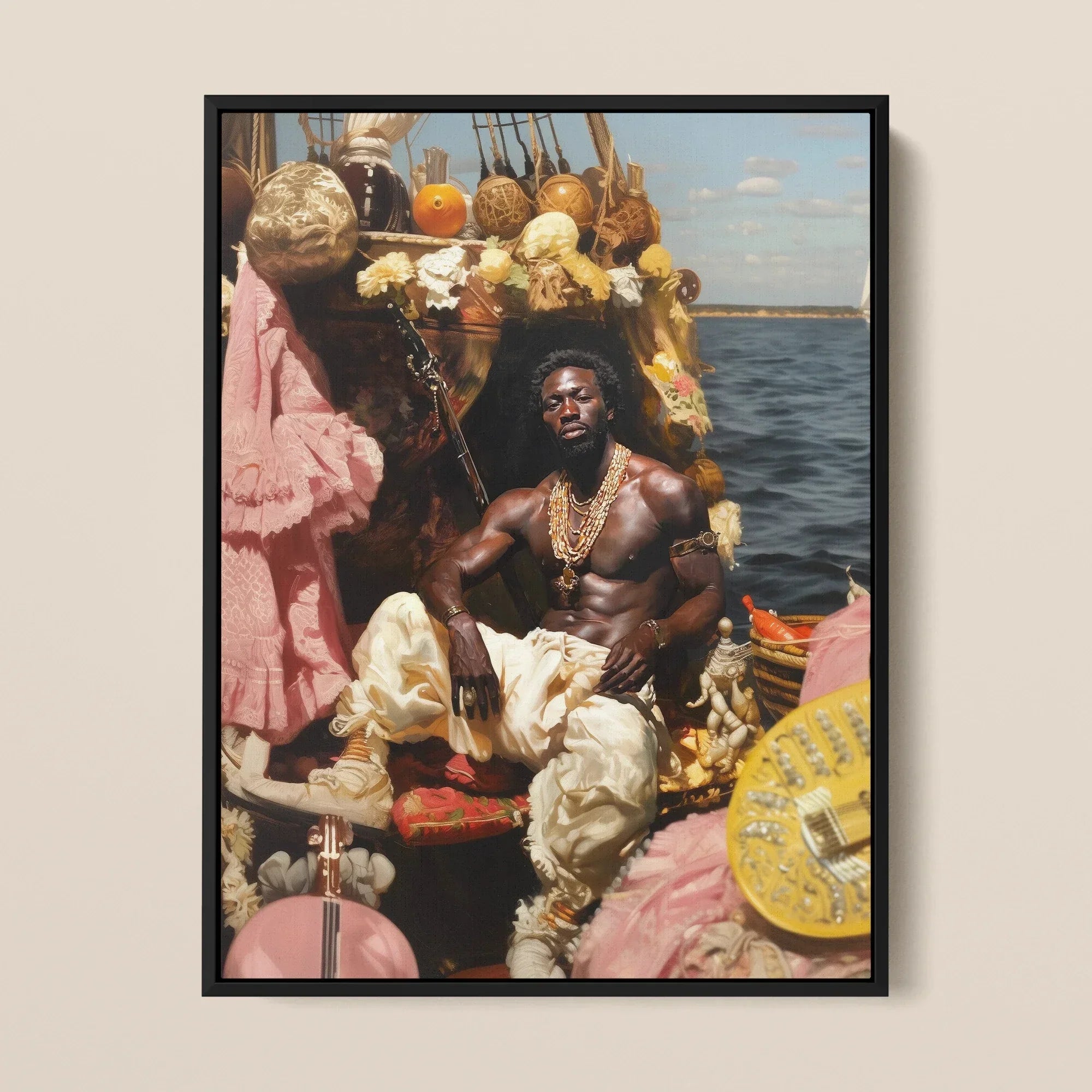 Douglas - Black Gay Pirate Framed Canvas, Framed Painting Regal Man Boat