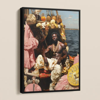 Douglas - Black Gay Pirate Framed Canvas, Framed Vertical Painting Dark-skinned Man Gold Chains White
