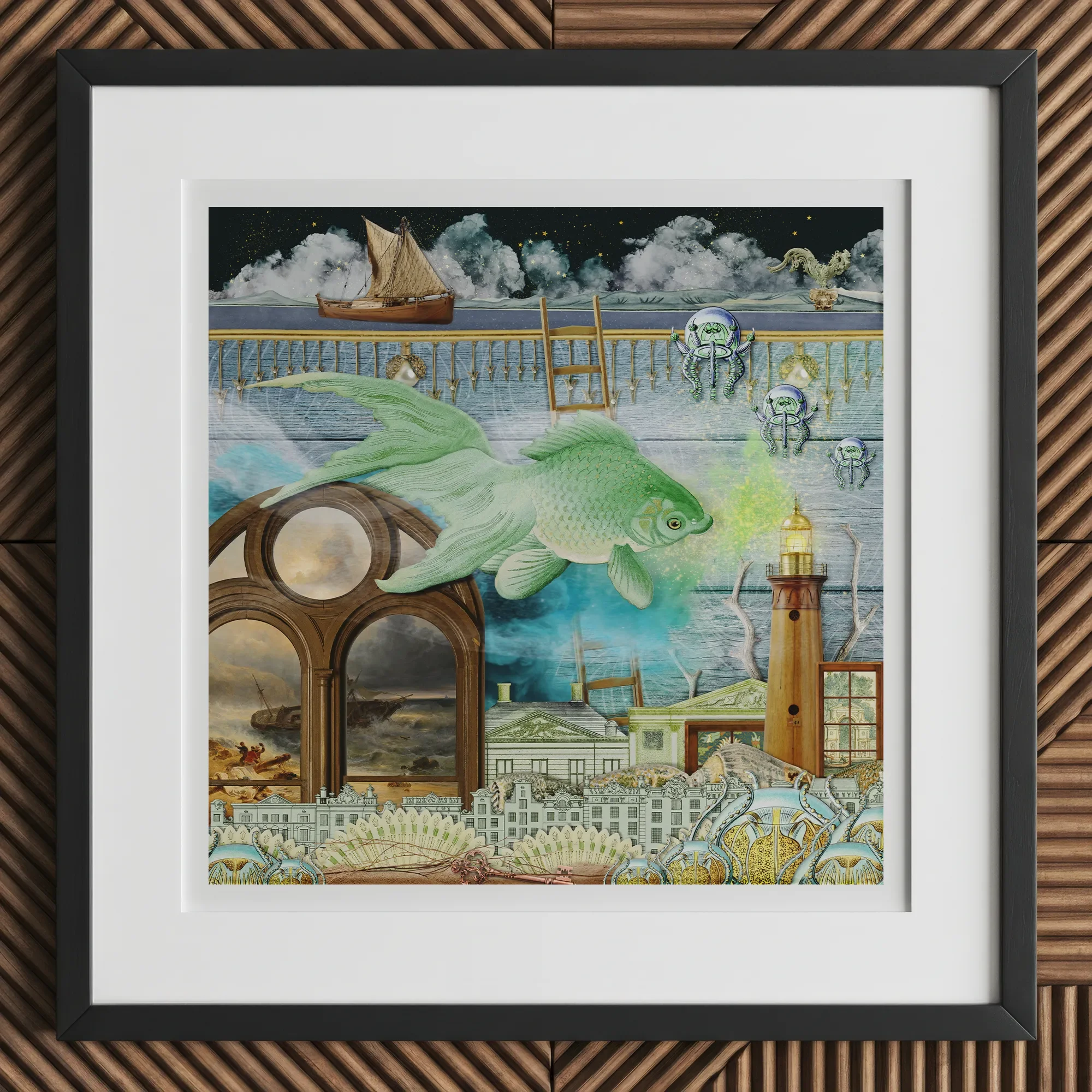 Down where It’s Wetter Pt 1 - Surreal Fish Collage Art Print, 12x12’’ / 31x31cm / Black Frame / 2’’ Matboard, Framed Surrealist Artwork