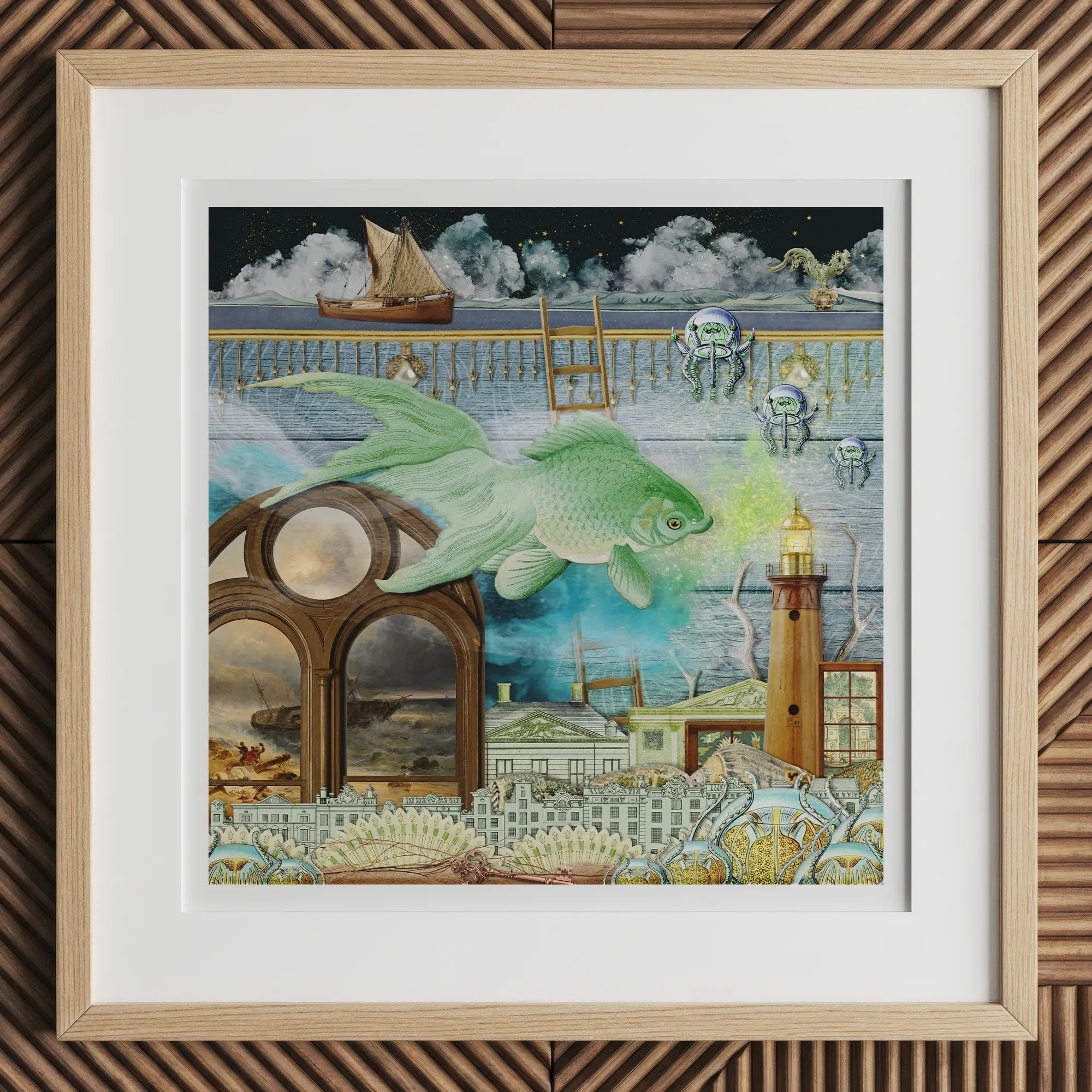 Down where It’s Wetter Pt 1 - Surreal Fish Collage Art Print, 12x12’’ / 31x31cm / Natural Frame / 2’’ Matboard, Surreal Mixed-media Artwork