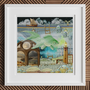 Down where It’s Wetter Pt 1 - Surreal Fish Collage Art Print, 12x12’’ / 31x31cm / White Frame / 2’’ Matboard, Framed Surrealist Painting