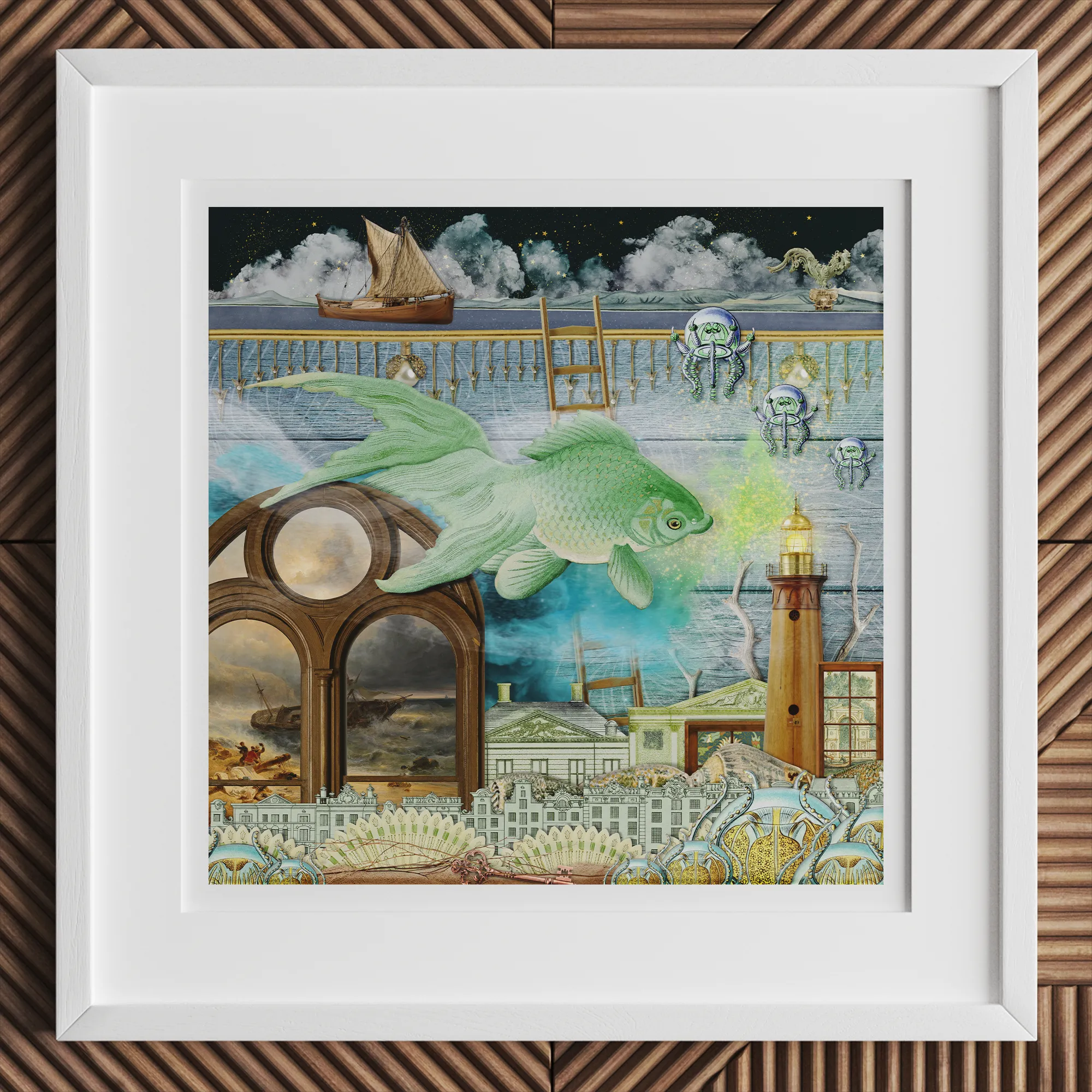 Down where It’s Wetter Pt 1 - Surreal Fish Collage Art Print, 12x12’’ / 31x31cm / White Frame, Framed Surrealist Painting Green Fish