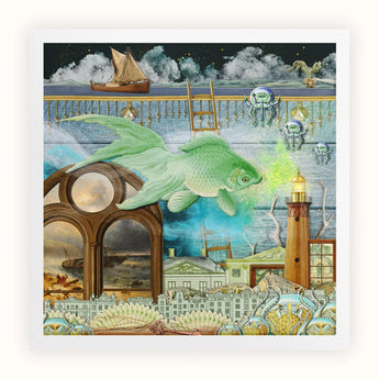 Down where It’s Wetter Pt 1 - Surreal Fish Collage Art Print Green Fish Fins Surreal Fantastical Seascape Toby Leon, Collage, Wetter Art