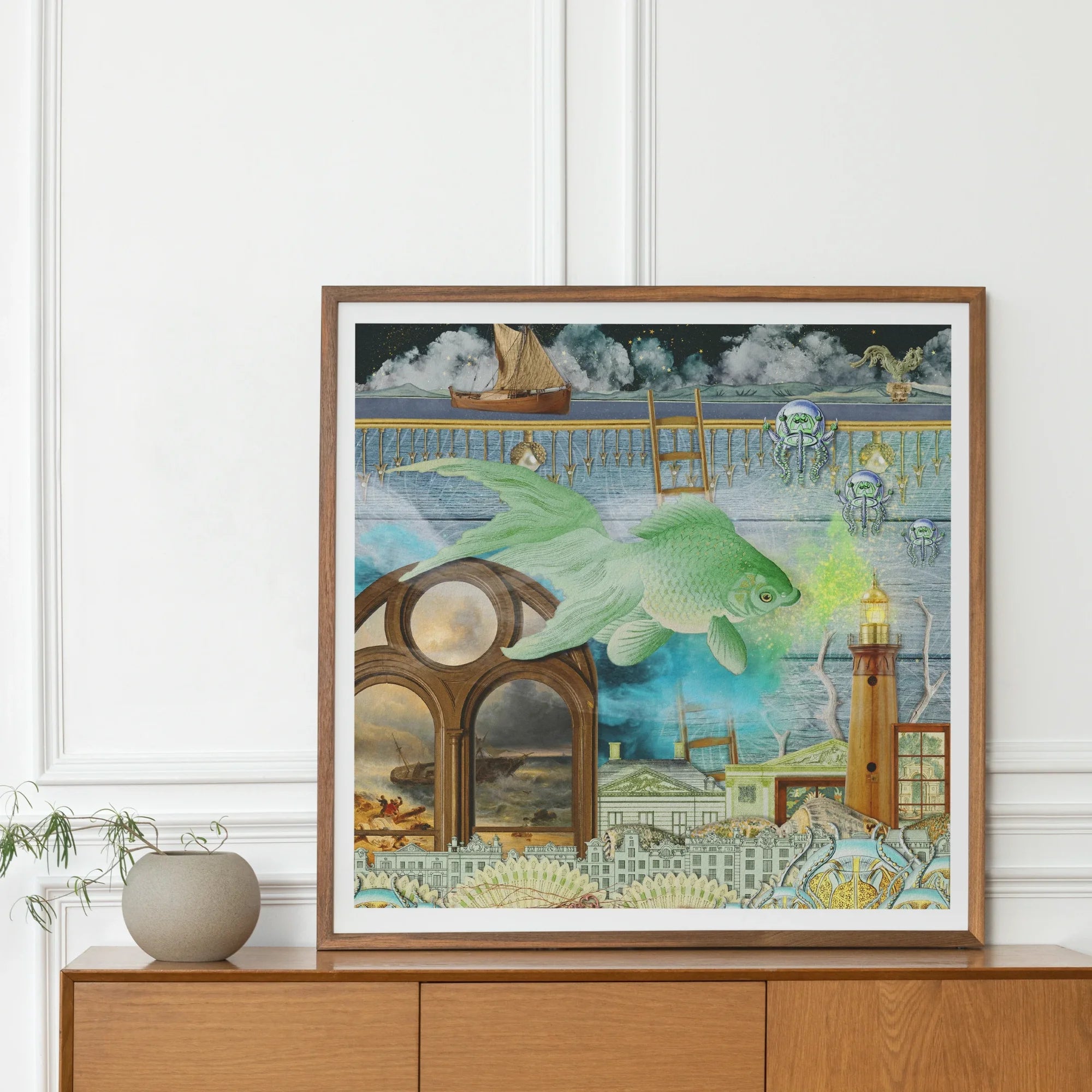 Down where It’s Wetter Pt 1 - Surreal Fish Collage Art Print, Surrealist Framed Artwork Giant Green Fish Lighthouse Ship